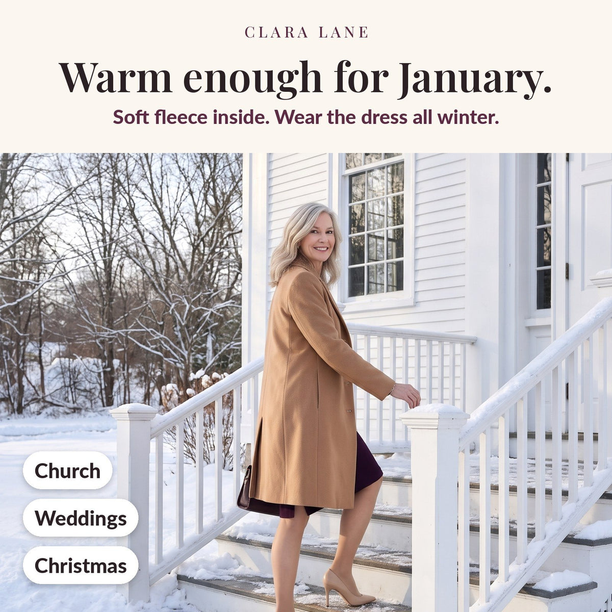 Warm enough for January: woman in a plum dress on snowy church steps