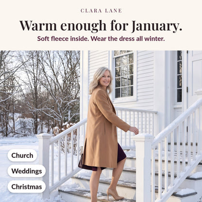 Warm enough for January: woman in a plum dress on snowy church steps