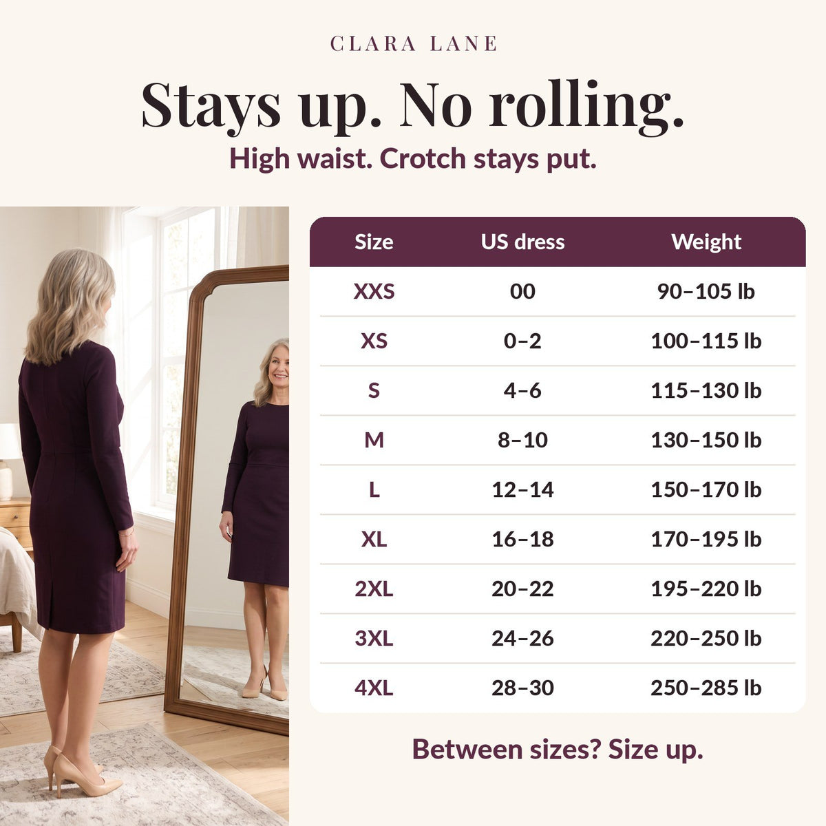 Size chart XXS to 4XL and high-waist fit