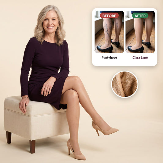A woman in a plum dress and Clara Lane tights, with a before and after of veins covered and the soft fleece inside
